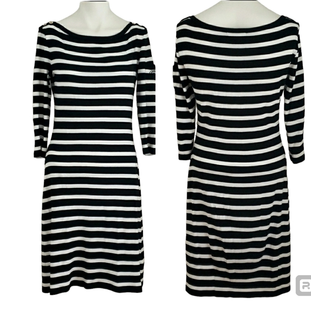 LAUREN Ralph Lauren Black & White Strip Nautical Knit 3/4 Sleeve Dress Size S